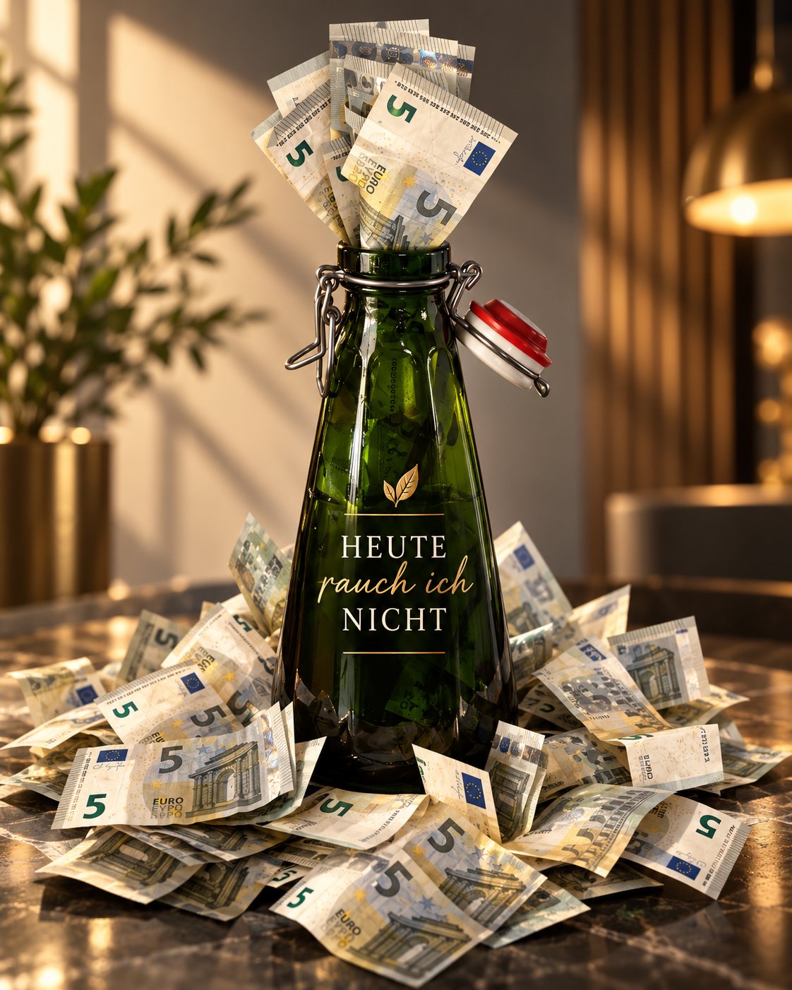 Eine Flasche mit der Aufschrift „HEUTE rauch ich NICHT", gefüllt mit Fünf-Euro-Scheinen